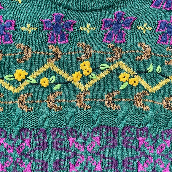 Vintage 90s Cabin Fever Sweater Women Large Hand Knitted Green Flowers Grandma - Picture 13 of 16